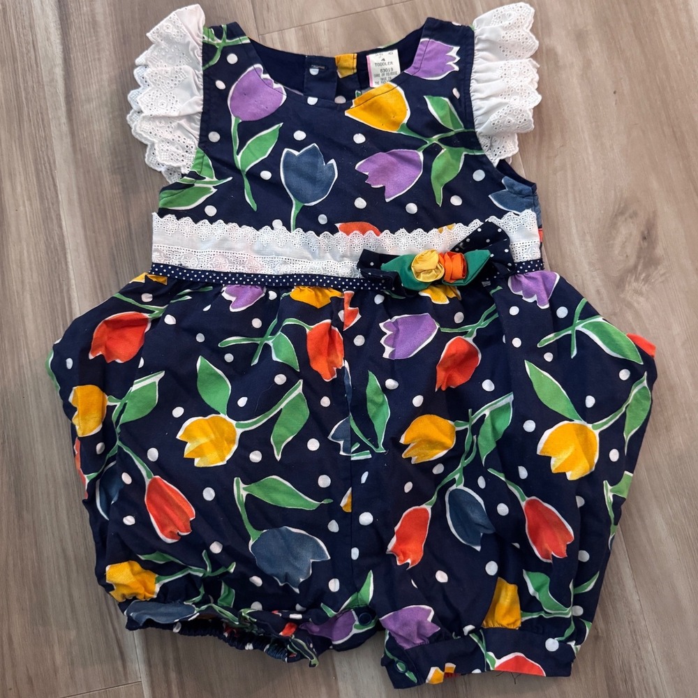 Vtg Toddler Girls Navy Blue Tulip Print Bubble Romper Lace Ruffle‎ Trim Bow
T2